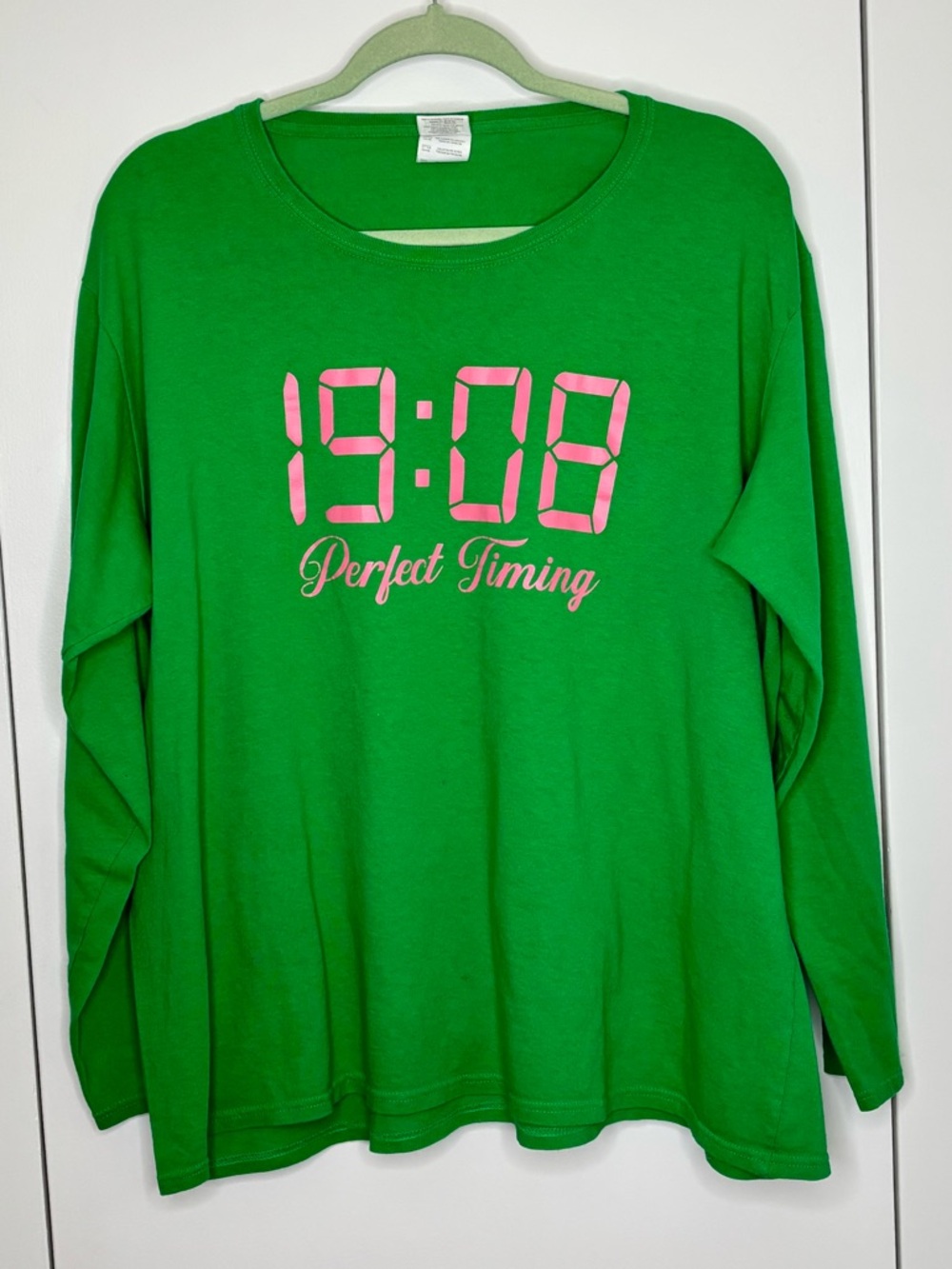 Alpha Kappa Alpha Green Long Sleeve Tee with Pink "19:08 Perfect Timing" Graphic